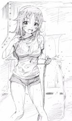 Rule 34 | 1girl, bra, breasts, cleavage, collar tug, commentary, covered navel, freckles, girls und panzer, graphite (medium), greyscale, gym shirt, gym shorts, gym uniform, highres, holding, hose, long hair, looking at viewer, makicha (sasurainopink), medium breasts, monochrome, open mouth, shirt, short shorts, short sleeves, shorts, single vertical stripe, sketch, smile, solo, standing, traditional media, underwear, water, wet, wet clothes, wet hair, wet shirt, yamagou ayumi
