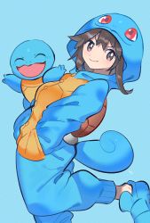 Rule 34 | 1girl, aqua background, arms at sides, blue footwear, breasts, brown eyes, brown hair, child, closed eyes, cosplay, creatures (company), eyelashes, fake tail, feet up, female focus, game freak, gen 1 pokemon, hands in pockets, happy, hood, jumping, leaf (pokemon), leaning back, long hair, long sleeves, looking at viewer, matching hair/eyes, neck, nintendo, onesie, parted bangs, pokemon, pokemon frlg, sidelocks, size difference, small breasts, smile, squirtle, squirtle (cosplay), standing, standing on one leg, straight hair, tail, turning head, v-shaped eyebrows, yasaikakiage