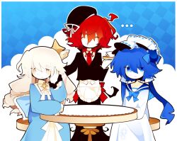 Rule 34 | + +, ..., 1girl, 2boys, ahoge, apron, awkward, black suit, blue dress, blue eyes, blue hair, blush, bow, closed eyes, closed mouth, cup, curly hair, dress, expressionless, formal, hair between eyes, hair ornament, hat, highres, long hair, looking to the side, messy hair, multiple boys, original, pillow, ponytail, red hair, sad, scratchitone, short hair, side-smile, sitting, sitting on pillow, smile, star eyes, suit, sweat, sweatdrop, table, teacup, tie, trap, white dress, white hair, worried, yellow eyes