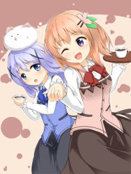 Rule 34 | 2girls, :o, ;d, angora rabbit, animal, animal on head, black skirt, blue eyes, blue neckwear, blue vest, blush, bow, bowtie, breasts, brown skirt, buttons, coffee, collared shirt, cowboy shot, cup, dutch angle, fujieiji, gochuumon wa usagi desu ka?, hair ornament, hairclip, heart, highres, holding, holding cup, holding tray, hoto cocoa, kafuu chino, light purple hair, long hair, long sleeves, looking at viewer, multiple girls, on head, one eye closed, open mouth, orange hair, pink vest, purple eyes, rabbit, rabbit house uniform, rabbit on head, red neckwear, shirt, sidelocks, skirt, small breasts, smile, standing, steam, sweatdrop, tippy (gochiusa), tray, two-tone background, vest, white shirt, wing collar, x hair ornament