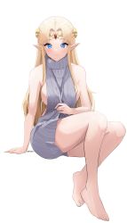 Rule 34 | 1girl, absurdres, arm support, bare arms, bare legs, bare shoulders, barefoot, blue eyes, breasts, circlet, commentary, dress, grey dress, grey sweater, highres, long hair, looking at viewer, medium breasts, meme attire, nintendo, pointy ears, princess zelda, sideboob, silver hair, simple background, sitting, smile, solo, steeb, sweater, sweater dress, the legend of zelda, thighs, virgin killer sweater, white background