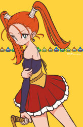 Rule 34 | 1girl, alternate skirt length, aqua eyes, bare shoulders, bright pupils, brown eyes, closed mouth, corset, dragon quest, dragon quest viii, earrings, frown, hand on own arm, highres, holding, holding whip, jessica albert, jewelry, long hair, long sleeves, miniskirt, multicolored eyes, norixio, purple shirt, red skirt, shirt, simple background, skirt, slime (dragon quest), solo, twintails, twitter username, whip, white pupils, yellow background, yellow corset
