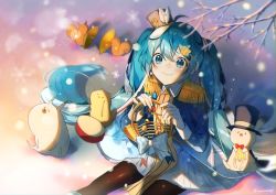 Rule 34 | 1girl, animal, aqua eyes, aqua hair, bad id, bad twitter id, band uniform, blue jacket, blurry, blurry foreground, blush, bow, bowtie, branch, cape, cymbals, drum, drumsticks, epaulettes, french horn, from above, gloves, hat, hat feather, hatsune miku, holding, holding instrument, instrument, jacket, light blush, long hair, looking up, omutatsu, pantyhose, pokapoka no hoshi (vocaloid), rabbit, rabbit yukine, sitting, skirt, smile, snow, snowflakes, snowing, squirrel, top hat, twintails, very long hair, vocaloid, white gloves, white skirt, yuki miku, yuki miku (2020)