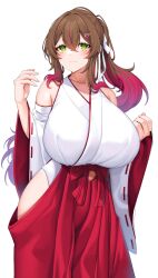 Rule 34 | 1girl, absurdres, breasts, brown hair, clothing cutout, curvy, detached sleeves, green eyes, hair ornament, hairclip, highres, huge breasts, long hair, multicolored hair, navel, navel cutout, nontraditional miko, original, ponytail, red hair, solo, suruga (xsurugax), two-tone hair, white background, wide sleeves