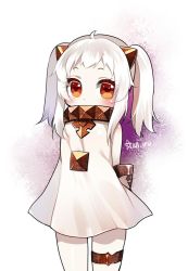 Rule 34 | 10s, 1girl, abyssal ship, ahoge, alternate hairstyle, arms behind back, blush, body blush, covered mouth, dress, heart, heart-shaped pupils, horns, kantai collection, long hair, looking at viewer, mittens, mvv, northern ocean princess, pale skin, red eyes, sidelocks, solo, standing, symbol-shaped pupils, twintails, white background, white dress, white hair