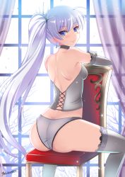 Rule 34 | 1girl, ass, bare back, bare shoulders, bare tree, blue eyes, blush, breasts, bustier, chair, choker, curtains, earrings, elbow gloves, from behind, gloves, highres, jewelry, lace, lace-trimmed legwear, lace trim, long hair, looking back, panties, rwby, scar, scar across eye, scar on face, side ponytail, sitting, smile, solo, sparkle, the-sinner, thighhighs, tree, underwear, weiss schnee, white hair, white panties, white thighhighs, window
