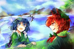 Rule 34 | 2girls, animal ears, blue eyes, blue hair, blue sky, bow, braid, breasts, cat ears, day, fins, fish tail, hair bow, in water, japanese clothes, kaenbyou rin, kimono, kozuki kai, kutsuki kai, lake, licking lips, long hair, long sleeves, looking at another, medium breasts, mermaid, monster girl, mountain, multiple girls, outdoors, red eyes, red hair, scared, sketch, sky, smile, sweatdrop, tail, tongue, tongue out, touhou, tree, twintails, wakasagihime, wide sleeves