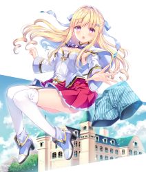 Rule 34 | 1girl, :o, blonde hair, blue ribbon, blue sky, blush, boxers, breasts, building, cleavage, cloud, detached sleeves, hair ornament, hair ribbon, hairclip, long sleeves, male underwear, official art, outstretched hand, purple eyes, red skirt, ribbon, skirt, sky, small breasts, solo, underwear, wasabi (sekai), white legwear