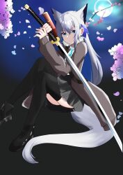 Rule 34 | 1girl, absurdres, animal ear fluff, animal ears, black thighhighs, blue eyes, cherry blossoms, commentary request, extra ears, fox ears, fox girl, fox tail, grey jacket, grey skirt, hair between eyes, hair ornament, highres, holding, holding sword, holding weapon, jacket, kamishiro may, katana, long hair, looking at viewer, open clothes, open jacket, original, sheath, shirt, sidelocks, skirt, solo, sword, tail, thighhighs, weapon, white hair, white shirt
