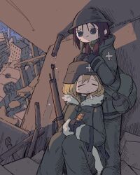 2girls artist_name bag blonde_hair bottle brown_hair building canteen chito_(shoujo_shuumatsu_ryokou) coat combat_helmet field_ration gloves green_jacket gun helmet highres indoors industrial_pipe jacket leaning_on_person looking_at_another low_twintails military_jacket military_uniform multiple_girls pants rifle rubble ruins satchel self-upload shoujo_shuumatsu_ryokou signature sleeping soaphisoap twintails water_bottle weapon window yuuri_(shoujo_shuumatsu_ryokou)