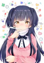 Rule 34 | 1girl, adjusting mask, black hair, black ribbon, blouse, blush, commentary request, cold pack, digital thermometer, frilled shirt collar, frilled sleeves, frills, frown, hand on own elbow, heart, highres, idolmaster, idolmaster shiny colors, long hair, long sleeves, looking at viewer, mask, mayuzumi fuyuko, mouth hold, mouth mask, neck ribbon, peke (xoxopeke), pill, pink shirt, ribbon, shirt, solo, star (symbol), surgical mask, thermometer, twitter username, two side up, upper body, white shirt, yellow eyes