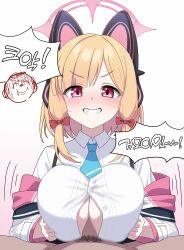 Rule 34 | 1boy, 1girl, absurdres, alternate breast size, animal ear headphones, animal ears, blonde hair, blue archive, blue necktie, blush, bow, breasts, collared shirt, fake animal ears, gradient background, grin, hair bow, halo, headphones, highres, large breasts, long sleeves, looking at viewer, male pubic hair, momoi (blue archive), motion lines, necktie, paizuri, penis, pink halo, pubic hair, red bow, red eyes, shirt, short hair, smile, vector (dmlddmld00), white shirt