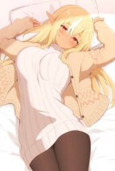 1girl black_pantyhose blonde_hair blush breasts dark-skinned_female dark_skin highres hololive jacket large_breasts long_hair lying on_back on_bed pantyhose pillow pointy_ears red_eyes ribbed_sweater sen_(sen42724788) shiranui_flare smile sweater virtual_youtuber