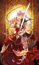 Rule 34 | 1boy, 1girl, blonde hair, chain, choker, couple, dress, hetero, highres, jewelry, long hair, minami seira, original, protecting, red dress, silver hair, stained glass, sword, tiara, weapon