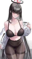 Rule 34 | 1girl, black bra, black hair, black pantyhose, blue archive, blush, bra, breasts, cleavage, coffee, collarbone, commentary, cowboy shot, cup, hair ornament, hairclip, halo, holding, holding cup, large breasts, long hair, long sleeves, looking at viewer, naad, pantyhose, parted lips, red eyes, rio (blue archive), shirt, simple background, solo, underwear, white background, white shirt