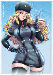 Rule 34 | 1girl, absurdres, blonde hair, breasts, dress, gloves, hand on own hip, hat, highres, kolin, long hair, sano br, solo, street fighter, street fighter v, tagme, thighhighs, zettai ryouiki