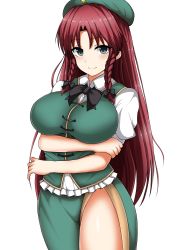 Rule 34 | 1girl, arms under breasts, beret, braid, breasts, buttons, china dress, chinese clothes, dress, green hat, hair between eyes, hat, highres, hong meiling, isshin (sasayamakids), jewelry, large breasts, long hair, necklace, open clothes, open skirt, puffy short sleeves, puffy sleeves, red hair, shirt, short sleeves, simple background, skirt, smile, solo, star (symbol), tangzhuang, thighs, touhou, twin braids, white background, white shirt