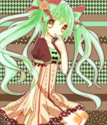 Rule 34 | 1girl, bad id, bad pixiv id, bow, dress, finger to mouth, green eyes, green hair, hair bow, hatsune miku, long hair, matching hair/eyes, mogu (lollysweet), sitting, solo, twintails, vocaloid