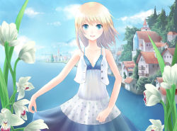 Rule 34 | 1girl, :d, bare arms, bare shoulders, blonde hair, blue eyes, blush, city, cloud, collarbone, day, dress, flower, highres, horizon, house, long hair, looking at viewer, minato (shouno), ocean, open clothes, open mouth, open vest, original, outdoors, skirt hold, sky, sleeveless, sleeveless dress, smile, solo, vest, water