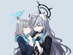 ahoge animal_ear_fluff animal_ears black_choker black_dress black_halo blue_archive blue_eyes blue_halo blue_scarf breasts broken_halo choker cleavage cross cross_hair_ornament dark_halo deadlich dress dual_persona extra_ears grey_hair hair_between_eyes hair_ornament halo highres inverted_cross large_breasts long_hair long_sleeves medium_breasts medium_hair mismatched_pupils scarf shared_clothes shared_scarf shiroko_(blue_archive) shiroko_terror_(blue_archive) shirt simple_background time_paradox white_background wolf_ears wolf_girl