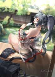 Rule 34 | 1girl, absurdres, animal ears, arknights, bare shoulders, bikini, black hair, blurry, blurry background, breasts, cat ears, character name, d. joko, day, food, gradient hair, highres, holding, holding food, large breasts, licking, long hair, looking at viewer, multicolored hair, ponytail, popsicle, red bikini, schwarz (arknights), see-through, shorts, unworn shorts, silver hair, sitting, solo, swimsuit, tongue, tongue out, very long hair, yellow eyes