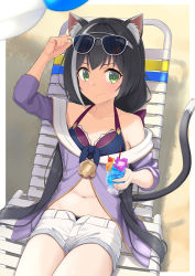 Rule 34 | 1girl, absurdres, animal ear fluff, animal ears, arm up, bare shoulders, beach, beach umbrella, bikini, bikini under clothes, black hair, blue bikini, cat ears, cat girl, cat tail, chair, closed mouth, commentary request, cup, drinking glass, eyewear lift, eyewear on head, green eyes, grey-framed eyewear, highres, holding, holding cup, jacket, k-ya., karyl (princess connect!), karyl (summer) (princess connect!), long hair, long sleeves, lounge chair, low twintails, lying, multicolored hair, navel, off shoulder, on back, open clothes, open fly, open shorts, princess connect!, purple jacket, sand, short shorts, shorts, smile, solo, streaked hair, sunglasses, swimsuit, tail, tropical drink, twintails, umbrella, very long hair, white hair, white shorts
