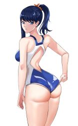 Rule 34 | 1girl, absurdres, adjusting clothes, adjusting swimsuit, ass, back cutout, bellone, blue eyes, blue hair, clothing cutout, competition swimsuit, dark blue hair, gridman (character), gridman universe, hair ornament, hair scrunchie, high ponytail, highres, looking at viewer, looking back, one-piece swimsuit, orange scrunchie, parted lips, ponytail, scrunchie, simple background, single sidelock, solo, ssss.gridman, swimsuit, takarada rikka, thighs, wedgie, white background