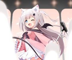 Rule 34 | 1girl, :d, animal ear fluff, animal ears, black bow, blue eyes, blush, bow, character request, cowboy shot, demon wings, dress, dress bow, extra ears, fang, frilled dress, frills, grey hair, hair ornament, hairpin, long hair, long sleeves, looking at viewer, microphone, mogura2009, multicolored clothes, multicolored dress, musical note, off shoulder, one eye closed, open mouth, original, pink dress, pleated dress, short dress, smile, solo, two side up, very long hair, virtual youtuber, white dress, wide sleeves, wings