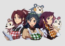 Rule 34 | 3girls, animal crossing, apron, black eyes, black hair, black shirt, black vest, blue nails, blush stickers, breasts, brown hair, brown shirt, collared shirt, commentary, earrings, english commentary, eyeshadow, freckles, green apron, grey background, hair ornament, hair ribbon, hairband, hairclip, hedgehog, highres, humanization, jewelry, kendy (revolocities), label able (animal crossing), light smile, lips, long hair, looking at viewer, mabel able (animal crossing), makeup, medium breasts, medium hair, multiple girls, nail polish, nintendo, open mouth, orange scarf, parted bangs, plaid, plaid apron, plaid scarf, ponytail, purple hair, red apron, ribbon, sable able (animal crossing), scarf, shirt, siblings, simple background, sisters, smile, striped clothes, striped shirt, upper body, vest, white shirt