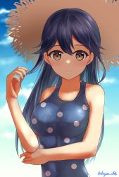 Rule 34 | 1girl, beach, black hair, blue sky, blue one-piece swimsuit, breasts, casual one-piece swimsuit, cloud, cloudy sky, dangan kurabu, day, hair between eyes, hat, highres, kantai collection, large breasts, long hair, navel, official alternate costume, one-piece swimsuit, outdoors, polka dot, polka dot swimsuit, sky, solo, straw hat, swimsuit, upper body, ushio (kancolle), yellow eyes