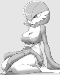Rule 34 | 1boy, 1girl, alpha pokemon, arm support, blush, bob cut, breast rest, breasts, cabbie hat, cleavage, closed mouth, collarbone, creatures (company), faceless, faceless male, fingerless gloves, full body, game freak, gardevoir, gen 3 pokemon, gloves, grey background, greyscale, hair over one eye, happy, hat, highres, japanese clothes, kimono, large breasts, leg warmers, legs together, light blush, long sleeves, looking down, lying, monochrome, nintendo, on back, on lap, one eye covered, pants, pero (pero7762), pokemon, pokemon (creature), pokemon legends: arceus, rei (pokemon), sandals, seiza, shiny skin, short hair, simple background, sitting, size difference, smile, split mouth