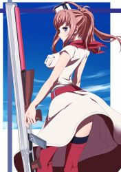 Rule 34 | 10s, 1girl, ascot, blue eyes, breast pocket, brown hair, clothes lift, dress, dress lift, flight deck, from behind, gun, hair between eyes, highres, kantai collection, kukurus, long hair, looking at viewer, pocket, ponytail, red ascot, red thighhighs, saratoga (kancolle), side ponytail, solo, standing, thighhighs, weapon, white dress, wind, wind lift