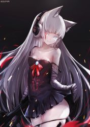 Rule 34 | 1girl, ai arctic warfare, animal ear fluff, animal ears, artist name, awp (girls&#039; frontline) (nekoya (liu)), bandaged arm, bandaged hand, bandages, bare shoulders, black background, black dress, black panties, blue eyes, bolt action, breasts, cat ears, clothes lift, collarbone, commentary request, dress, dress lift, girls&#039; frontline, grey hair, gun, headphones, heterochromia, highres, holding, holding gun, holding weapon, implied extra ears, lifted by self, long hair, looking at viewer, name connection, nekoya (liu), object namesake, original, panties, panty pull, parted lips, red eyes, rifle, short dress, signature, skindentation, sleeveless, sleeveless dress, small breasts, sniper rifle, solo, underwear, very long hair, weapon