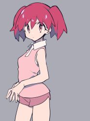 Rule 34 | 1girl, closed mouth, collared shirt, copyright request, grey background, highres, hinata natsumi, keroro gunsou, looking at viewer, mochizuki kei, own hands together, pink vest, red eyes, red hair, red shorts, shirt, short hair, short shorts, shorts, simple background, solo, standing, twintails, vest, white shirt, wing collar