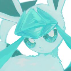 Rule 34 | animal focus, aqua hair, aqua sclera, aqua theme, blurry, butter (oshi8kyoumoh), closed mouth, colored sclera, creatures (company), depth of field, expressionless, game freak, gen 4 pokemon, glaceon, highres, jitome, long hair, looking at viewer, nintendo, no humans, pokemon, pokemon (creature), sidelocks, simple background, solo, standing, upper body, white background, white eyes
