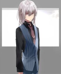 Rule 34 | 1boy, accelerator (toaru majutsu no index), anninn do fu, arms at sides, black shirt, closed mouth, collared shirt, commentary request, cowboy shot, electrodes, grey hair, highres, long sleeves, looking at viewer, male focus, medium hair, necktie, red eyes, shirt, solo, striped clothes, striped vest, toaru majutsu no index, toaru majutsu no index: genesis testament, vertical-striped clothes, vertical-striped vest, vest