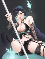 Rule 34 | 1girl, algorhythm project, black bra, black hair, black shorts, black thighhighs, bra, breasts, clothing cutout, evalia (algorhythm project), green eyes, green hair, highres, hitodama, jewelry, long hair, medium breasts, multicolored hair, open mouth, shorts, smile, solo, spread legs, thighhighs, tongue, tongue out, underwear, virtual youtuber, yukin0rz