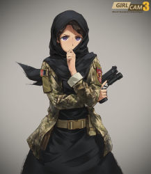 Rule 34 | 1girl, abaya, afghan flag, afghanistan, belt, beretta 92, black hair, camouflage, copyright name, covering own mouth, cowboy shot, flashlight, gun, hand over own mouth, handgun, highres, hijab, looking at viewer, magazine (weapon), military, military uniform, original, patch, pistol, pouch, purple eyes, serious, simple background, sleeves rolled up, soldier, tactical light, tanto (tc1995), trigger discipline, uniform, weapon, wind