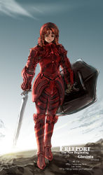 Rule 34 | 1girl, armor, artist name, drill hair, dungeons &amp; dragons, len brew, red hair, shield, solo, sword, watermark, weapon, web address