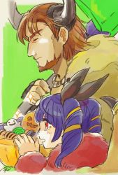 Rule 34 | 1boy, 1girl, animal ears, axe, bad id, bad twitter id, bat ears, beard, brown hair, candy, closed mouth, demon horns, dorcas (fire emblem), dragon wings, closed eyes, facial hair, fake animal ears, fire emblem, fire emblem: the blazing blade, fire emblem: the sacred stones, fire emblem heroes, food, from side, fur trim, green background, halloween costume, holding, holding axe, horns, multi-tied hair, murabito ba, myrrh (fire emblem), nintendo, one-hour drawing challenge, open mouth, purple hair, red eyes, short hair, signature, simple background, twintails, wings
