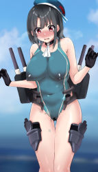 Rule 34 | 1girl, armpits, beret, black gloves, black hair, blue sky, blush, bodypaint, breasts, cleavage, collarbone, commentary request, covered erect nipples, covered navel, cowboy shot, gloves, hat, kantai collection, large breasts, navel, nose blush, outdoors, red eyes, rigging, sasakura (calicchio), short hair, sky, solo, takao (kancolle)