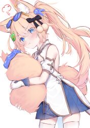 Rule 34 | 1girl, :t, animal ear fluff, animal ears, bare shoulders, black-framed eyewear, black bow, blonde hair, blue-tinted eyewear, blue eyes, blush, bow, closed mouth, commission, cowboy shot, detached sleeves, dress, eip (pepai), eyewear on head, fingerless gloves, fox ears, fox girl, fox tail, gloves, hair bow, hair ornament, highres, holding own tail, hugging own tail, hugging tail, long hair, looking at viewer, original, ponytail, pout, simple background, skeb commission, sleeveless, sleeveless dress, solo, sunglasses, tail, thighhighs, tinted eyewear, white background, white dress, white gloves, white thighhighs