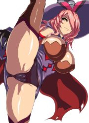 Rule 34 | 1girl, arc system works, ass, bare shoulders, black panties, black sclera, blazblue, blazblue: central fiction, breasts, cameltoe, cape, cleft of venus, colored sclera, detached sleeves, dress, gloves, hair over one eye, hat, high kick, kicking, konoe a. mercury, large breasts, long hair, looking at viewer, mokichi (nvzy3n), panties, phantom (blazblue), pink hair, shiny clothes, shiny skin, short dress, simple background, smile, solo, spread legs, thighhighs, time stop, underwear, white background, witch, witch hat, yellow eyes