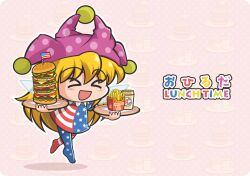 Rule 34 | &gt; &lt;, 1girl, :d, american flag, american flag dress, american flag legwear, blonde hair, blush, burger, cafe au lait, chibi, closed eyes, clownpiece, commentary request, cup, disposable coffee cup, disposable cup, dress, english text, food, food-themed background, french fries, full body, hat, holding, holding tray, jester cap, jun sasaura, long hair, medium bangs, neck ruff, no shoes, open mouth, pantyhose, pink background, pink hat, polka dot, polka dot background, polka dot headwear, smile, solo, star (symbol), star print, striped clothes, striped dress, striped pantyhose, too much burger, touhou, tray, very long hair, walking, xd