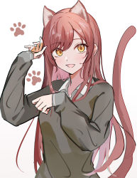 Rule 34 | 1girl, absurdres, animal ears, blush, cat ears, cat tail, grey sweater, highres, idolmaster, idolmaster shiny colors, kemonomimi mode, long hair, long sleeves, looking at viewer, open mouth, osaki amana, paw pose, red hair, school uniform, sleeves past wrists, smile, solo, suyaya oyasumi, sweater, swept bangs, tail, yellow eyes