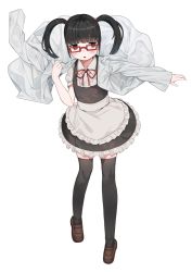 Rule 34 | 1girl, apron, black hair, black thighhighs, blush, brown eyes, commentary request, dress, dressing, frilled dress, frills, full body, glasses, hair tie, highres, lab coat, load bearing vest, maid, maid apron, niizuka (c-drop), original, pinafore dress, rectangular eyewear, red-framed eyewear, red ribbon, ribbon, sleeveless dress, solo, thighhighs, twintails, white background