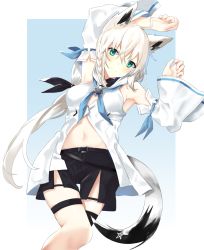 Rule 34 | 1girl, ahoge, animal ear fluff, animal ears, armpits, arms up, black shorts, blue background, blue eyes, blue neckwear, blush, braid, chamnaitu, closed mouth, commentary, cowboy shot, detached sleeves, fox ears, fox girl, fox tail, hair between eyes, highres, hololive, long hair, looking at viewer, navel, shirakami fubuki, shirakami fubuki (1st costume), shirt, shorts, side braid, simple background, smile, solo, star (symbol), tail, thigh gap, thighs, virtual youtuber, white hair, white shirt