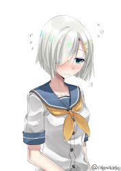 Rule 34 | 1girl, blue eyes, blue sailor collar, blush, commentary request, flying sweatdrops, hair ornament, hair over one eye, hairclip, half-closed eyes, hamakaze (kancolle), highres, kantai collection, neckerchief, one-hour drawing challenge, sailor collar, school uniform, serafuku, short hair, silver hair, simple background, sleepy, solo, twitter username, white background, yellow neckerchief, zombie mogura