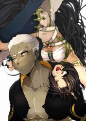 Rule 34 | 1boy, 1girl, agen chiita, black thighhighs, cheek pinching, closed mouth, cropped jacket, crown, dark-skinned male, dark skin, earrings, emiya alter, eye contact, fang, fate/grand order, fate (series), ishtar (fate), jewelry, looking at another, one eye closed, open mouth, pinching, red eyes, ribbon, single thighhigh, smile, sweatdrop, thighhighs, tohsaka rin, twintails, upper body, upside-down, white hair, yellow eyes