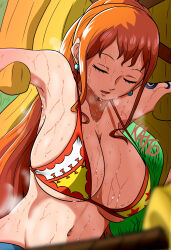 Rule 34 | 1girl, 1other, absurdres, armpits, bikini, blurry, blurry foreground, breasts, check commentary, cleavage, closed eyes, commentary, commentary request, dragging, earrings, eyelashes, grass, highres, jewelry, kidnapped, large breasts, le reef, long hair, messy hair, nami (one piece), navel, one piece, open mouth, orange hair, outstretched arms, sidelocks, signature, steam, steaming body, stomach, sweat, swimsuit, tattoo, wet